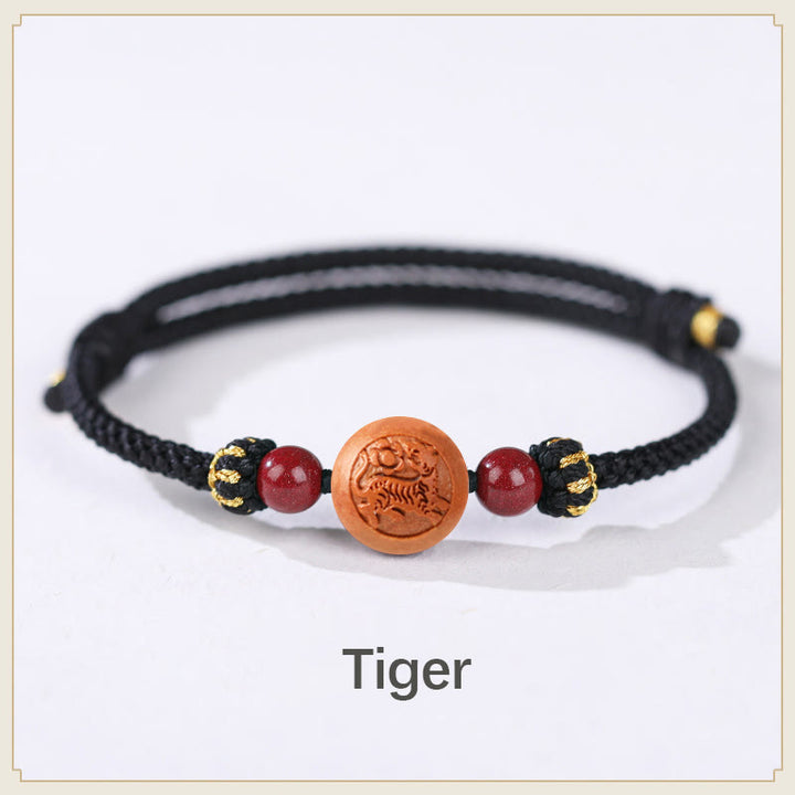 Armband mit Buddha Stonesn, natürlichem Pfirsichholz, chinesischem Sternzeichen Fu, geschnitztem Zinnober-Reichtumsarmband