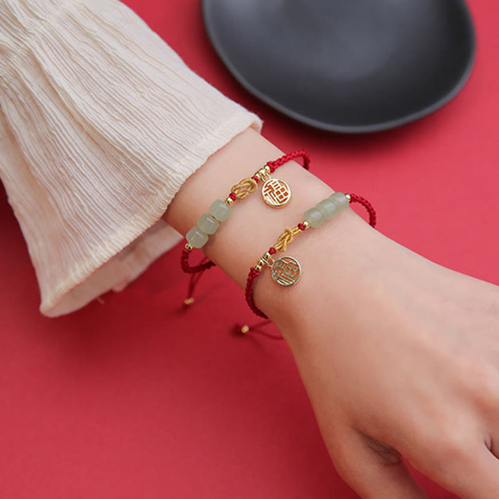 Buddha Stones Handgefertigtes Jade-Perlen-Fu-Charakter-Charm-Glücksarmband mit rotem Seil