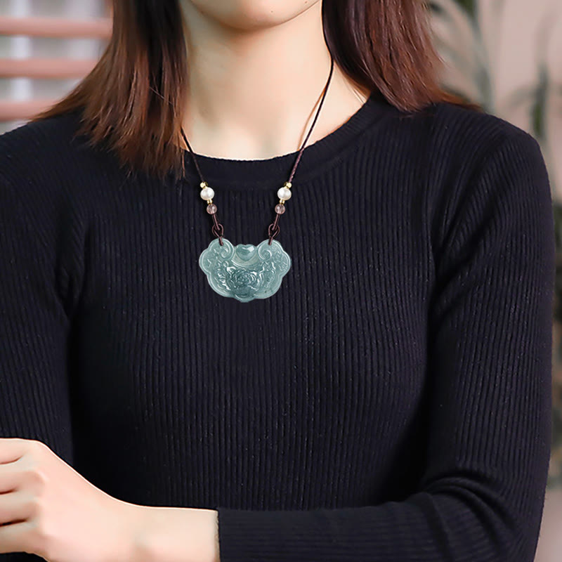 Buddha Stones Halskette mit Anhänger aus natürlicher Jade, Pfingstrose, Blumenschloss der guten Wünsche, Wohlstand