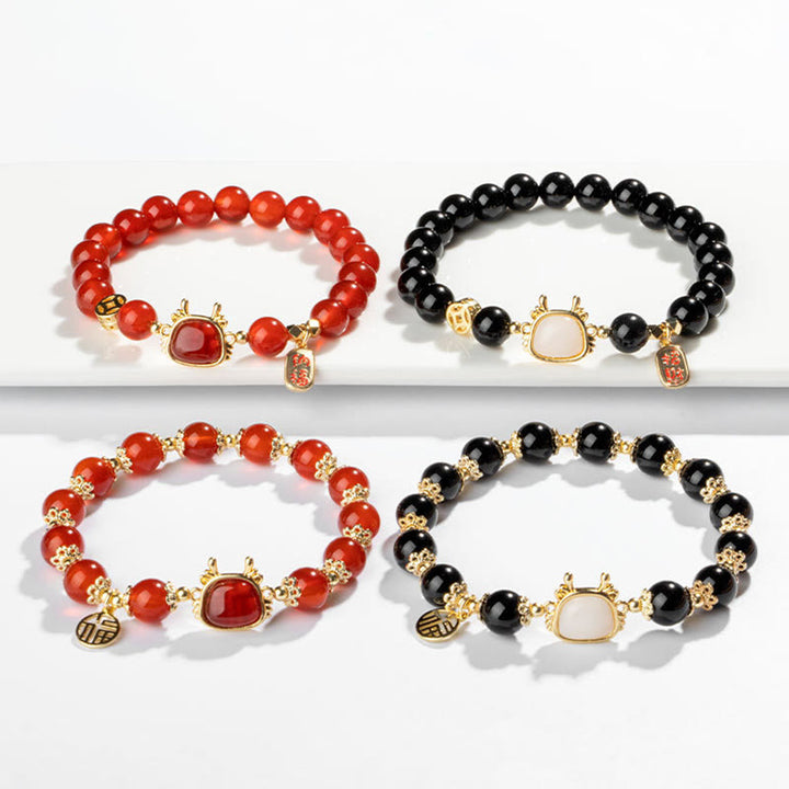Armband mit Buddha Stonesn, Jahr des Drachen, natürlicher roter Achat, schwarzer Onyx, Glücks-Fu-Charakter