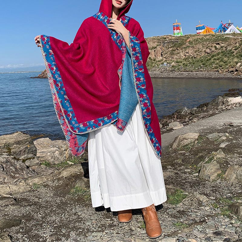 Buddha Stones Tibetischer Schal mit Rand, kleiner Blumen-Kapuzenumhang, gemütlicher Winter-Reiseschal