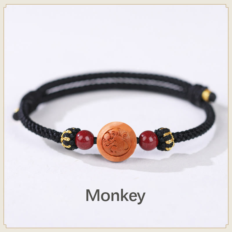 Armband mit Buddha Stonesn, natürlichem Pfirsichholz, chinesischem Sternzeichen Fu, geschnitztem Zinnober-Reichtumsarmband