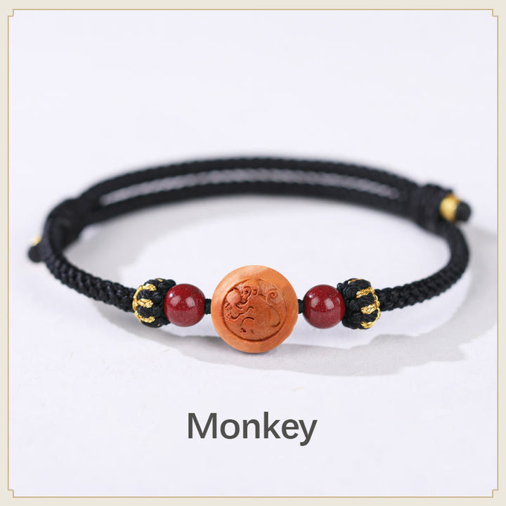 Armband mit Buddha Stonesn, natürlichem Pfirsichholz, chinesischem Sternzeichen Fu, geschnitztem Zinnober-Reichtumsarmband