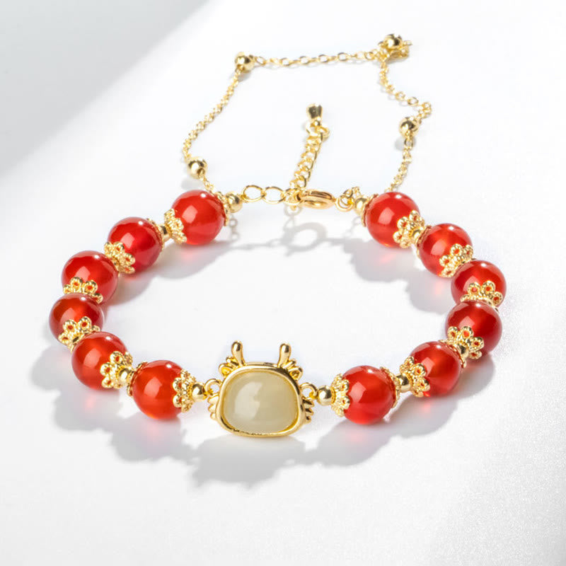 Armband mit Buddha Stonesn, Jahr des Drachen, natürlicher roter Achat, schwarzer Onyx, Glücks-Fu-Charakter