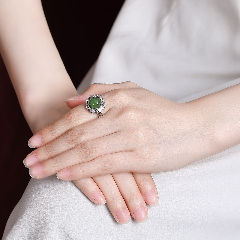 Buddha Stones 925 Sterling Silber Hetian Cyan Jade Blumendesign Glück verstellbarer Ring