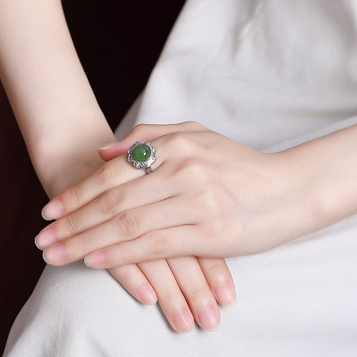 Buddha Stones 925 Sterling Silber Hetian Cyan Jade Blumendesign Glück verstellbarer Ring