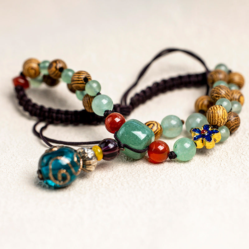 Fußkettchen zum Schutz des Gleichgewichts aus Buddha Stonesn, Wengeholz, grünem Aventurin