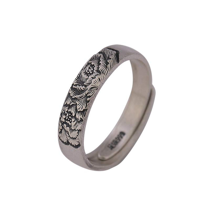 Erleuchtungsring aus 999er-Sterlingsilber mit Lotus- und Pfingstrosenblüten