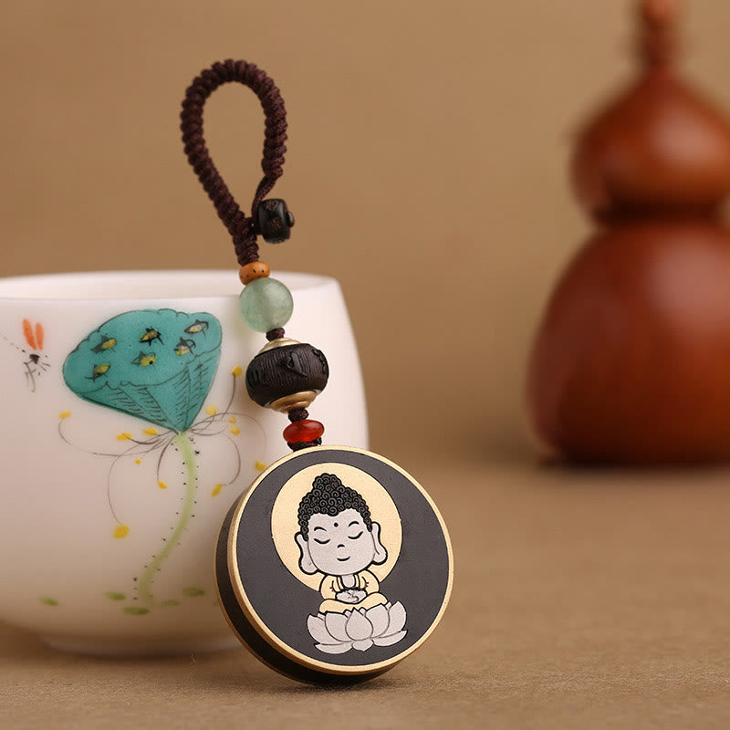 Buddha Stones Ebenholz Palisander Buddha Avalokitesvara Om Mani Padme Hum Balance Auto Schlüsselanhänger Dekoration