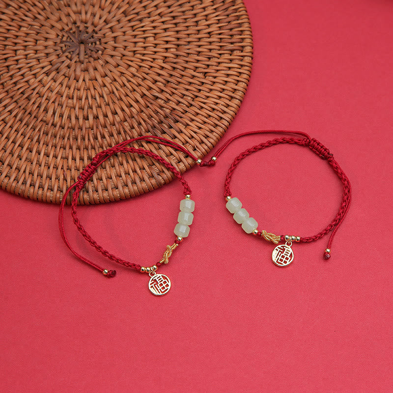 Buddha Stones Handgefertigtes Jade-Perlen-Fu-Charakter-Charm-Glücksarmband mit rotem Seil