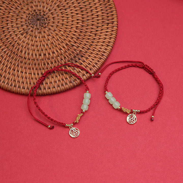 Buddha Stones Handgefertigtes Jade-Perlen-Fu-Charakter-Charm-Glücksarmband mit rotem Seil