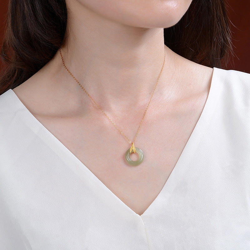 925 Sterling Silber Cyan Jade Friedensschnalle Bambusblatt Harmony Halskettenanhänger