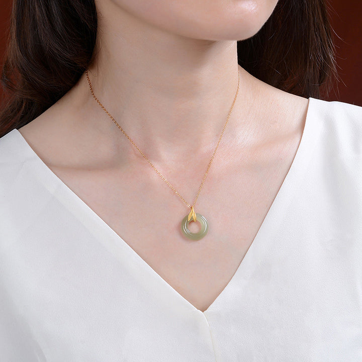 925 Sterling Silber Cyan Jade Friedensschnalle Bambusblatt Harmony Halskettenanhänger