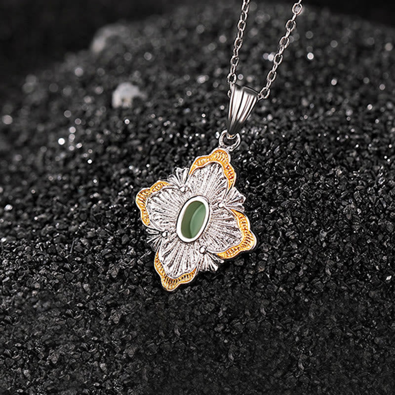 Buddha Stones 925 Sterling Silber vergoldet Hetian Cyan Jade Rhombus Design Glück Heilung Halskette Anhänger