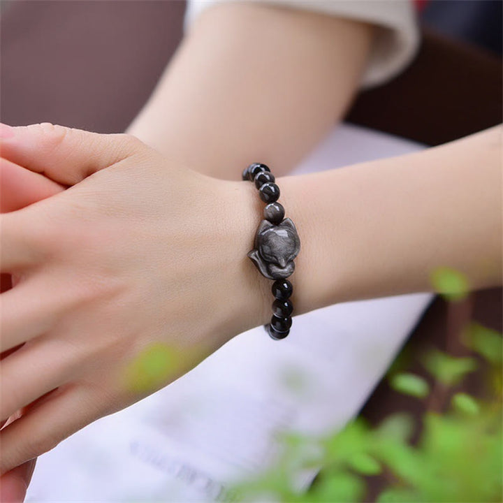 Buddha Stones Schutzarmband mit Obsidian und Fuchs, natürlicher Silberglanz