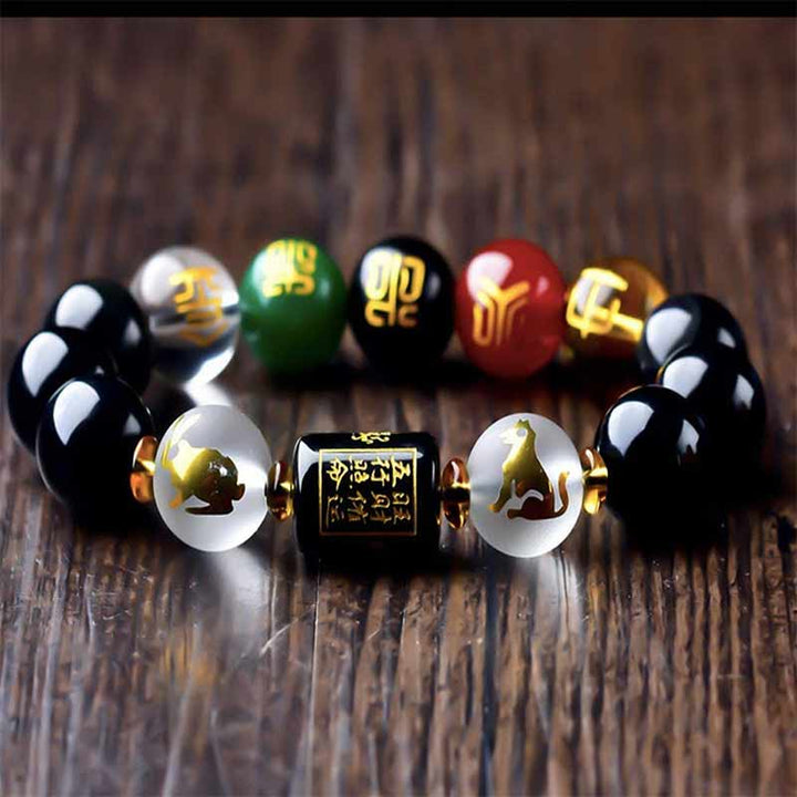 Buddha Stones Chinesisches Sternzeichen Feng Shui Obsidian Fünf-Elemente-Armband Reichtum Porsperity