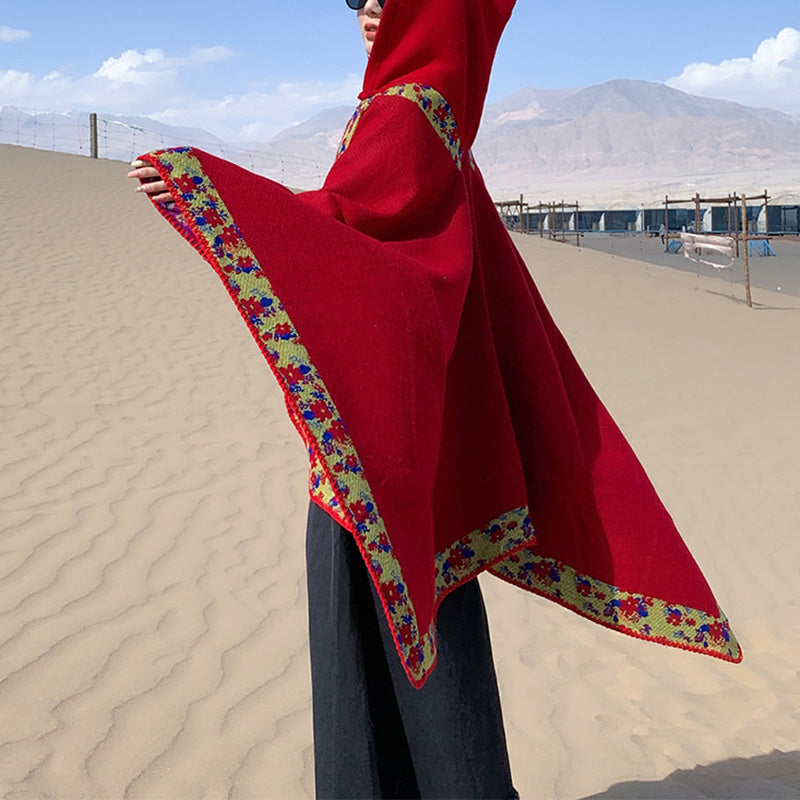 Buddha Stones Tibetischer Schal mit Rand, kleiner Blumen-Kapuzenumhang, gemütlicher Winter-Reiseschal