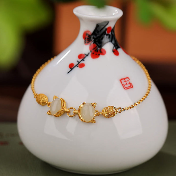 Buddha Stones 925 Sterling Silber Natürliche Hetian Weiß Jade Cyan Jade Schönes Fuchs-Glücksarmband