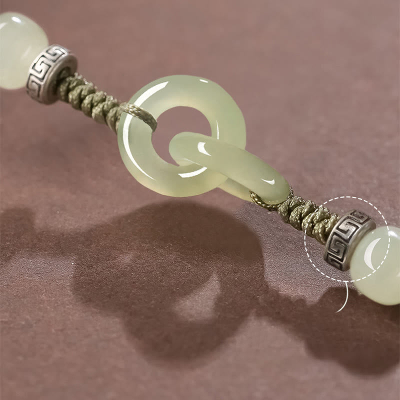 Buddha Stones Natürliches Hetian Jade Friedensschnalle Glück geflochtenes Armband