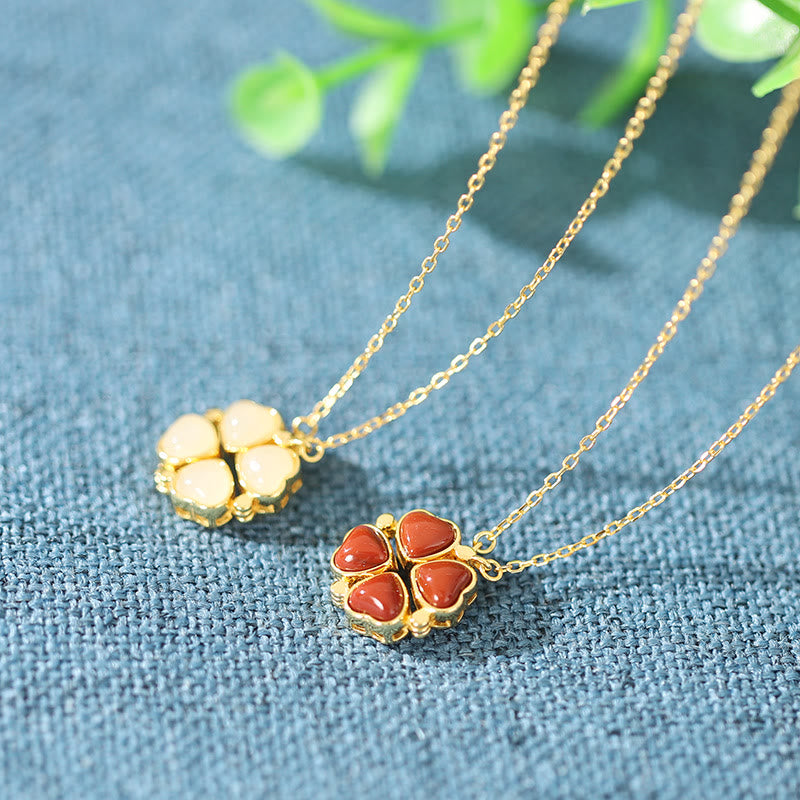 Buddha Stones 925 Sterling Silber Vierblättriges Kleeblatt, Weiß Jade, roter Achat, Fülle Halskettenanhänger