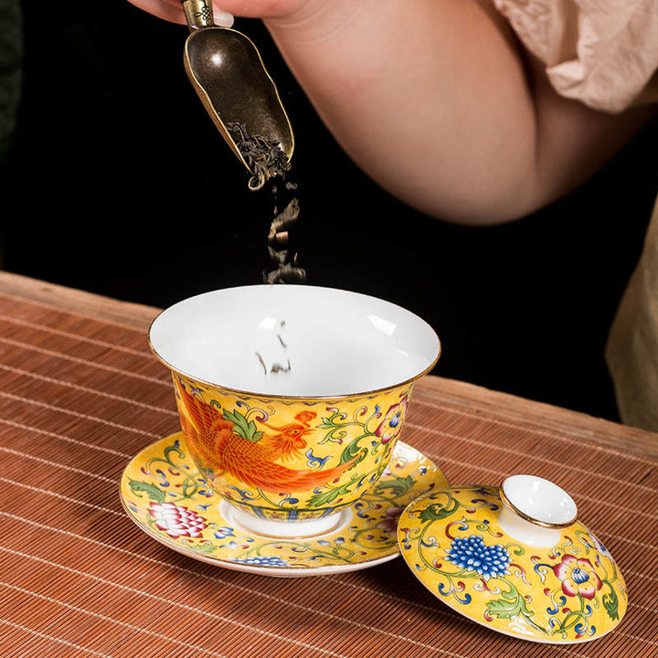 Buddha Stones Dragon Phoenix Flower Design Keramik Gaiwan Sancai Teetasse Kung Fu Teetasse und Untertasse mit Deckel