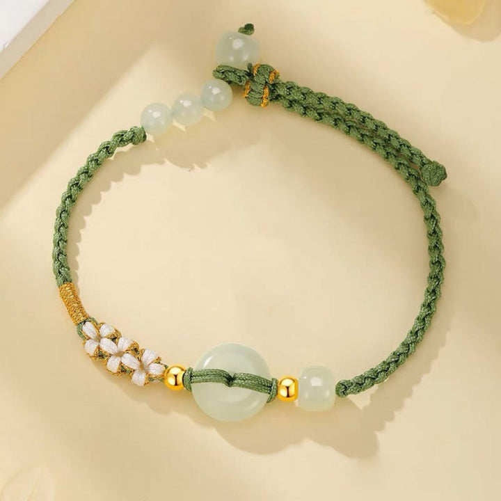 Buddha Stones Hetian Jade Friedensschnalle Glück Pfirsichblüte geflochtenes Armband