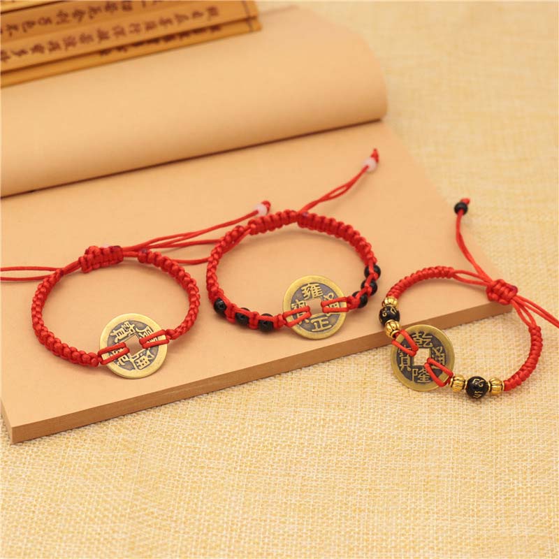 Armband mit Buddha Stonesn, Kupfermünze, Glücksbringer, rote Schnur