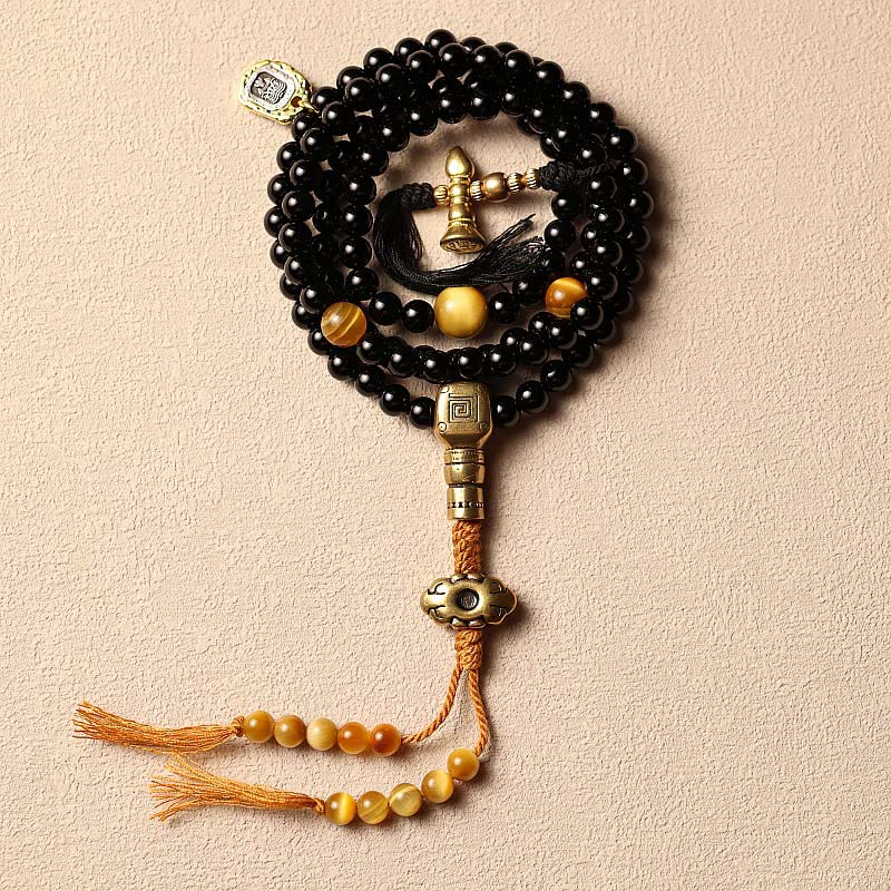Buddha Stones, tibetische 108 Mala-Perlen, schwarzer Onyx, Tigerauge-Perlen, neun Paläste, Bagua-Schutzarmband