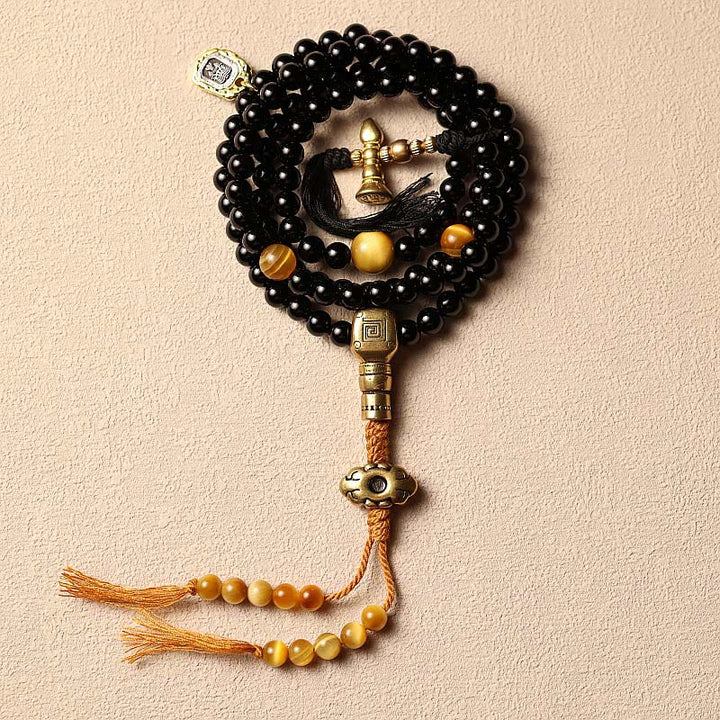 Buddha Stones, tibetische 108 Mala-Perlen, schwarzer Onyx, Tigerauge-Perlen, neun Paläste, Bagua-Schutzarmband