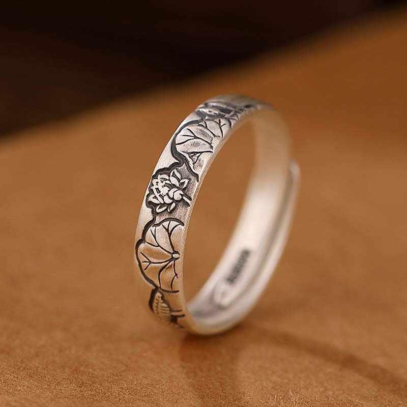 Erleuchtungsring aus 999er-Sterlingsilber mit Lotus- und Pfingstrosenblüten