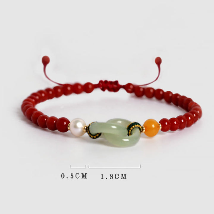 Buddha Stones Natürliches rotes Achat-Hetian-Jade-Armband mit doppelter Friedensschnalle