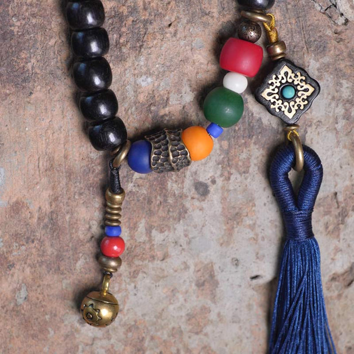 Buddha Stones 108 Perlen Mala Ebenholz Holz Dzi Perle Kupfer Balance Quaste Armband