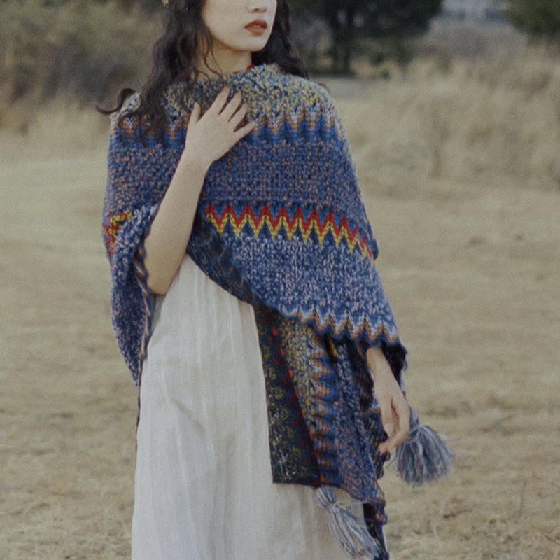 Tibetischer Schal mit Buddha Stonesn, weich, warm, Strickmantel, Winter, tibetischer Quastenschal