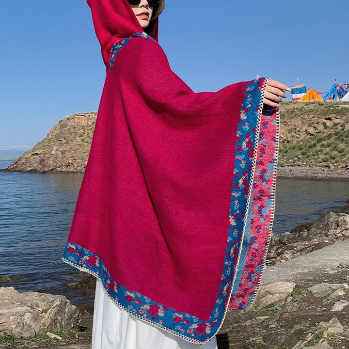 Buddha Stones Tibetischer Schal mit Rand, kleiner Blumen-Kapuzenumhang, gemütlicher Winter-Reiseschal
