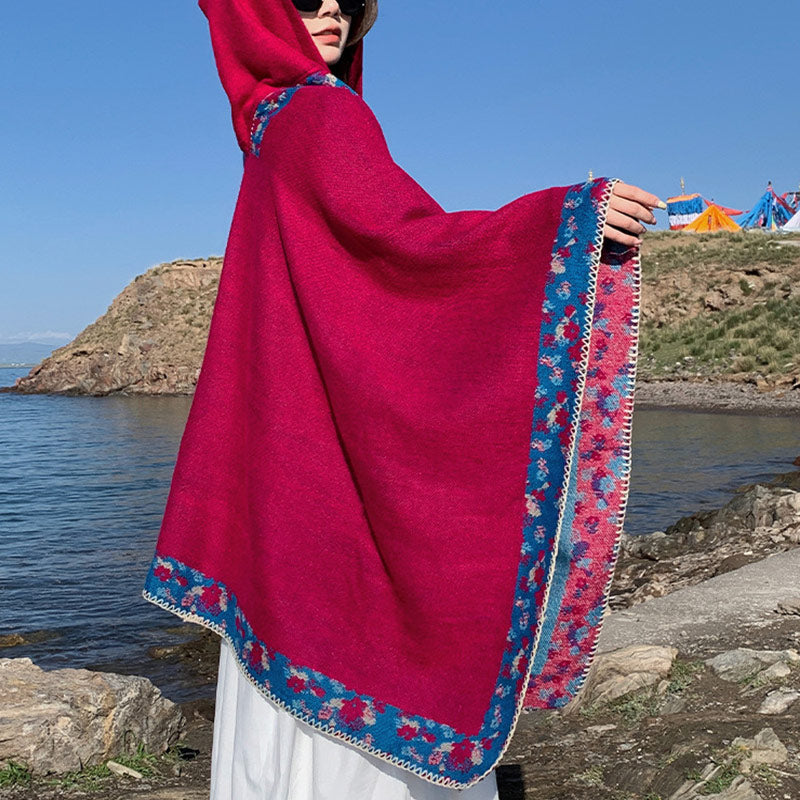 Buddha Stones Tibetischer Schal mit Rand, kleiner Blumen-Kapuzenumhang, gemütlicher Winter-Reiseschal