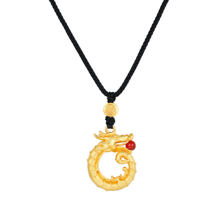 Buddha Stones 925 Sterling Silber Jahr des Drachen runder Fu-Charakter-Drachen-Erfolgs-Halskettenanhänger