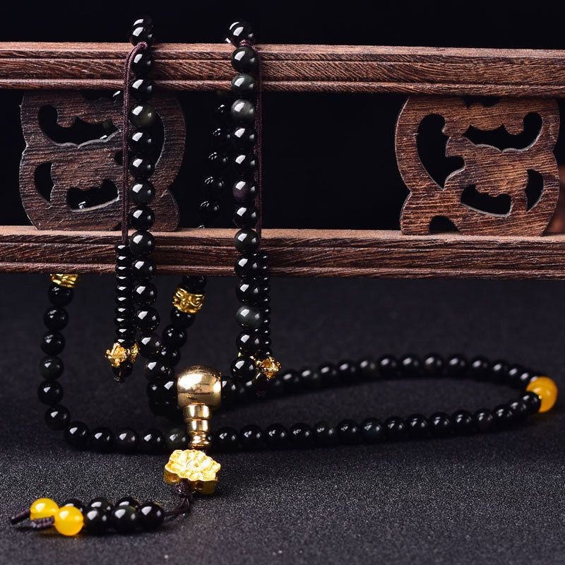 Buddha Stones, 108 Perlen, natürlicher schwarzer Obsidian, Lotus-Erfüllungs-Mala-Armband