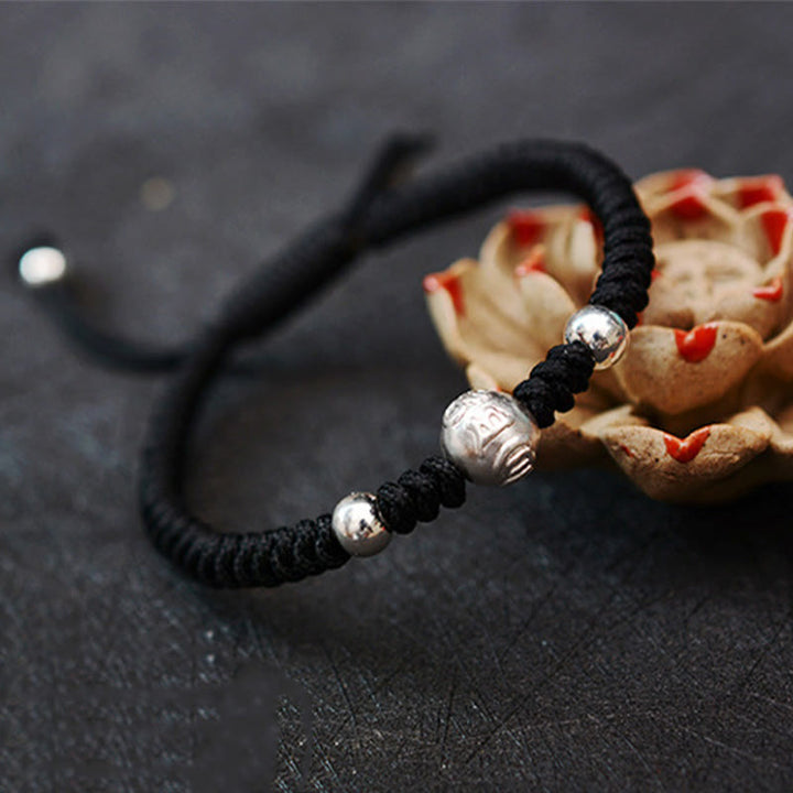 Buddha Stones 999 Sterling Silber Om Mani Padme Hum Kupfer Münze Glück Stärke String Paar Armband