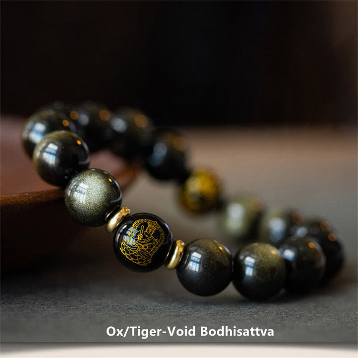 Chinesisches Tierkreis-Natal-Buddha-Goldglanz-Obsidian-Armband zum Schutz des Reichtums