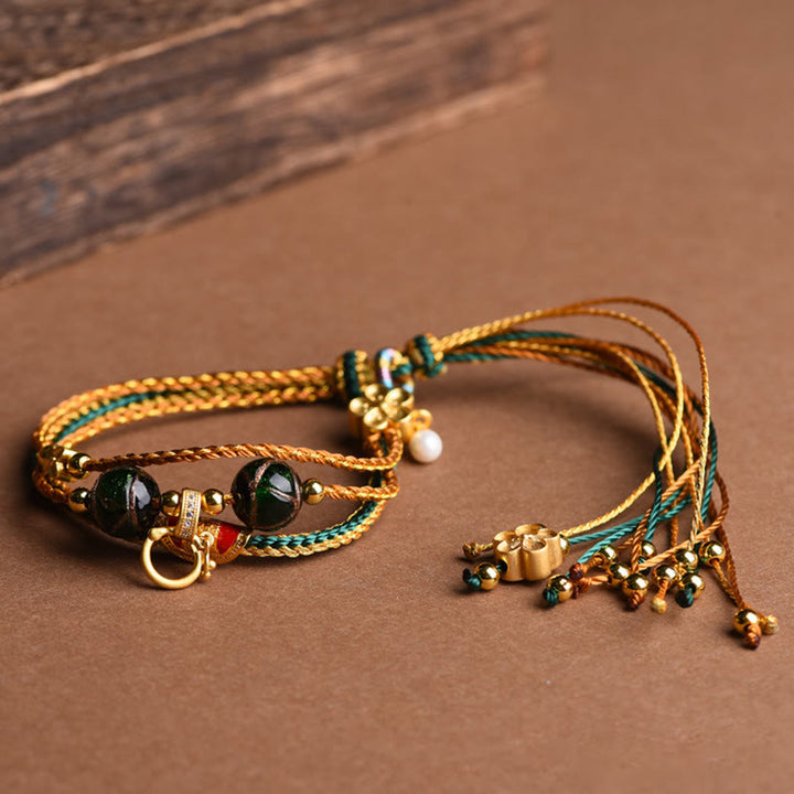 Buddha Stones Tibetisches handgemachtes Seil Liuli Glasperlen geflochtenes mehrschichtiges Heilarmband