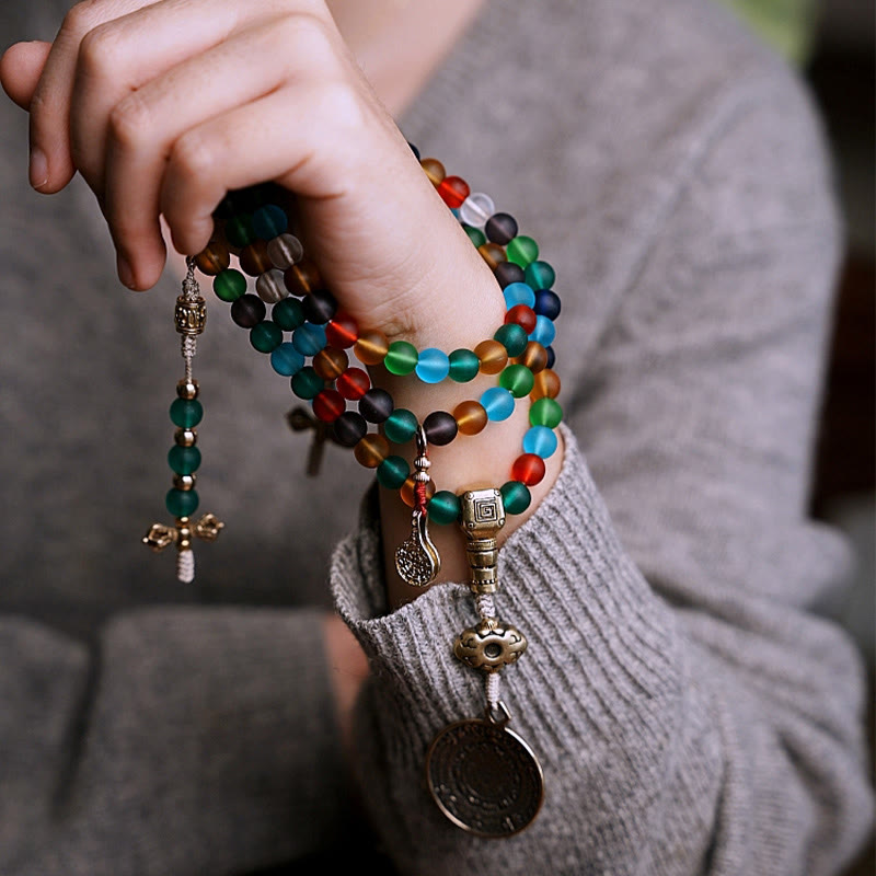 Buddha Stones, tibetische 108 Mala-Perlen, mehrfarbige Liuli-Glasperlen, chinesisches Sternzeichen, neun Paläste, acht Diagramme, Charm-Armband