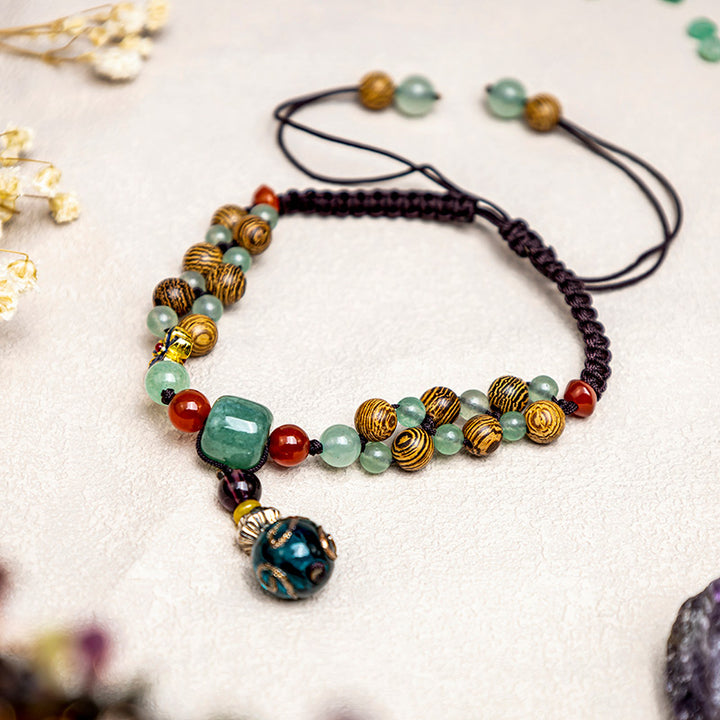 Fußkettchen zum Schutz des Gleichgewichts aus Buddha Stonesn, Wengeholz, grünem Aventurin