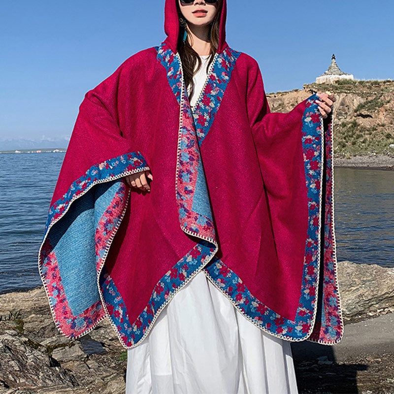 Buddha Stones Tibetischer Schal mit Rand, kleiner Blumen-Kapuzenumhang, gemütlicher Winter-Reiseschal
