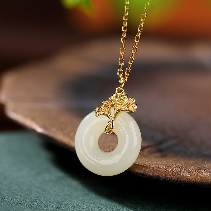 Buddha Stones 925 Sterling Silber natürliche Hetian Jade Ginkgo Blatt Frieden Schnalle Glück Halskette Anhänger