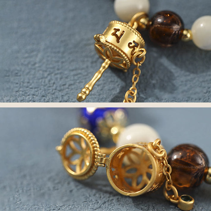 Buddha Stones, tibetischer Weihrauch, Asche, Liuli-Glas, Tridacna-Stein, Sonnenstein, Om Mani Padme Hum, Gebetsmühle, Charm-Armband