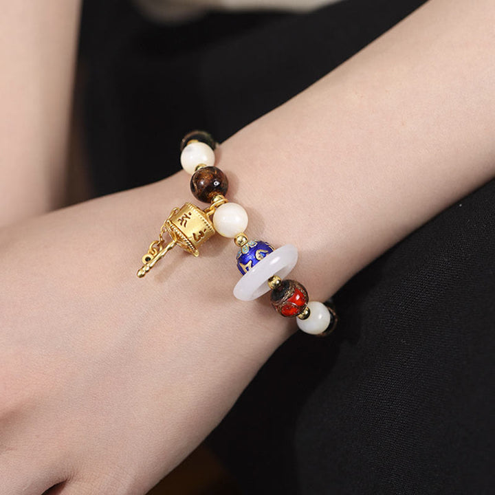 Buddha Stones, tibetischer Weihrauch, Asche, Liuli-Glas, Tridacna-Stein, Sonnenstein, Om Mani Padme Hum, Gebetsmühle, Charm-Armband