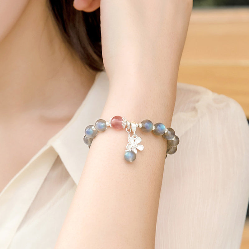 Buddha Stones Mondstein-Erdbeerquarz-Blumen-Heilungs-Charm-Armband