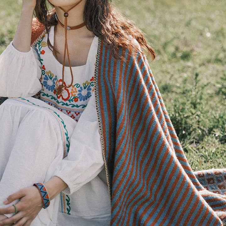 Buddha Stones Tibetischer Schal, gestreift, Rautenmuster, für den Winter, warm, weich