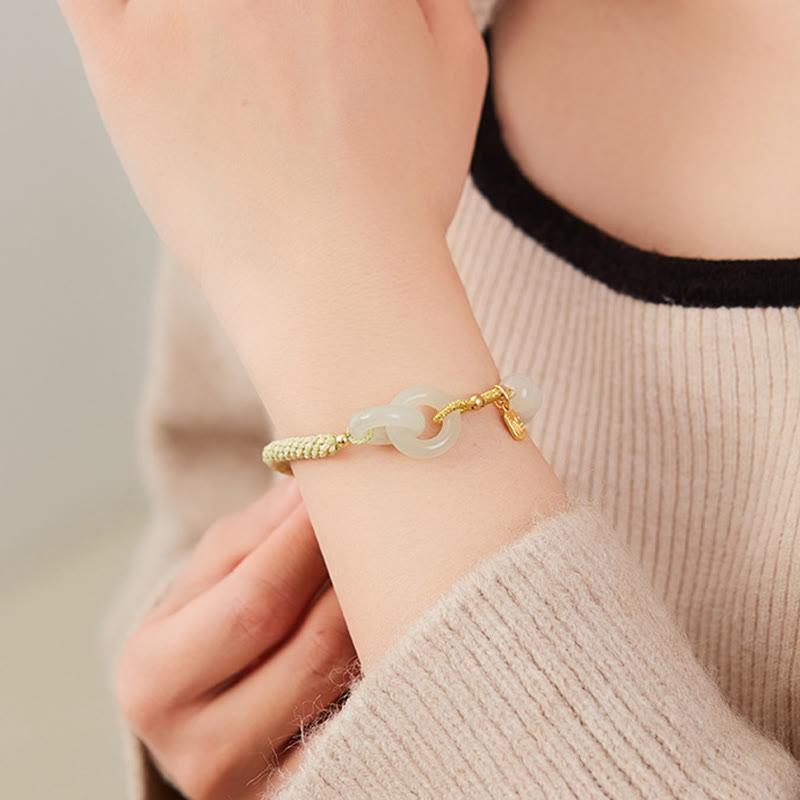 Buddha Stones Natürliche Hetian Jade Perle Doppelte Friedensschnalle Fu Charakter Fülle Geflochtenes Armband