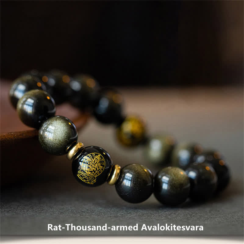 Chinesisches Tierkreis-Natal-Buddha-Goldglanz-Obsidian-Armband zum Schutz des Reichtums